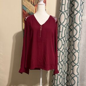 Candie's Deep Red V-Neck Blouse with Cut-Out Shoulders